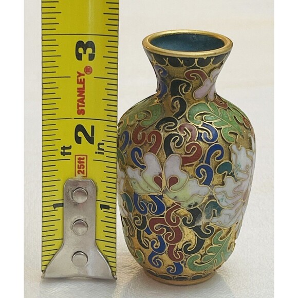 VTG Antique Chinese Cloisonne Enamel Brass Bud Vase Miniature 3” Floral Lotus - Picture 3 of 12